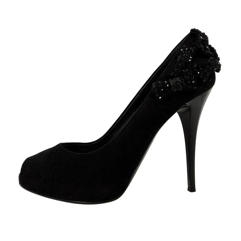 Giuseppe‎ Zanotti Black Suede Bow Embellished Peep Toe Stiletto Sandals 37 EU